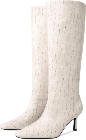 Knee High Boots for Women Wide Calf Square Toe Kitten Low Heel Crocodile Boots Pull on Tall Boots Below the Knee Long Dress Boots