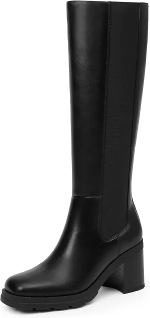 Knee High Boots Women Chelsea Platform Chunky Boots Slip on Faux Leather Square Toe Fall Long Tall Boots for Women