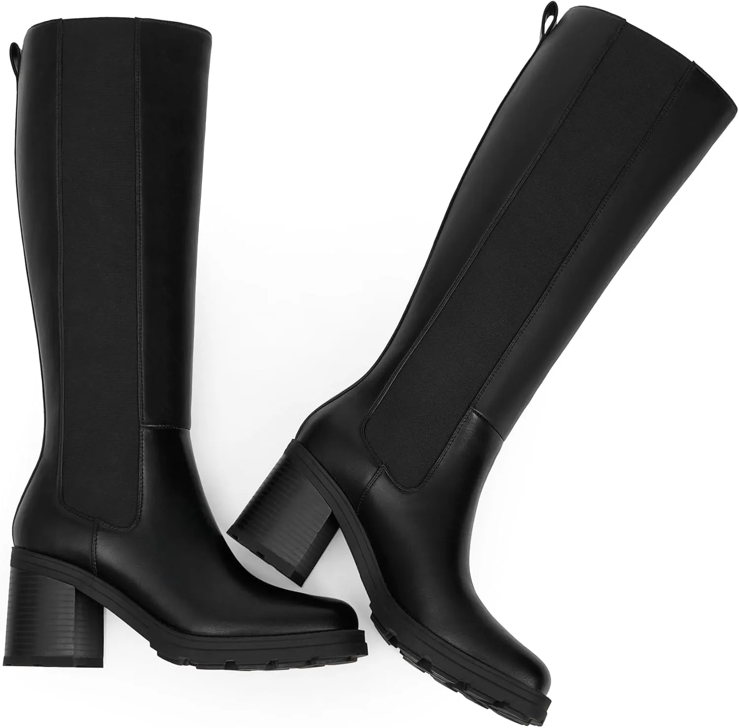 Knee High Boots Women Chelsea Platform Chunky Boots Slip on Faux Leather Square Toe Fall Long Tall Boots for Women