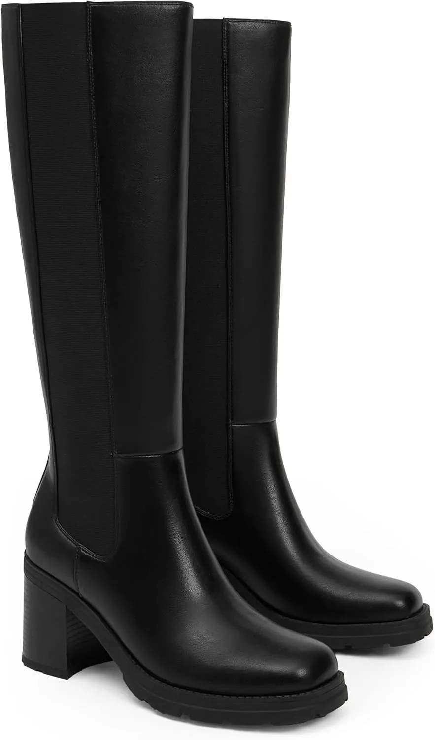 Knee High Boots Women Chelsea Platform Chunky Boots Slip on Faux Leather Square Toe Fall Long Tall Boots for Women