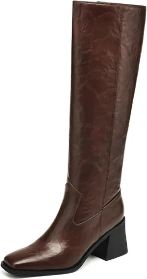 Knee High Boots Women Chunky Heel Fashion Faux Leather Tall Boots Square Toe Block Heeled Long Riding Boots
