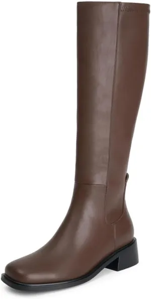 Knee High Boots Women Faux Leather Elastic Boots Low Heel Square Toe Side Zipper Fall Long Tall Boots for Women