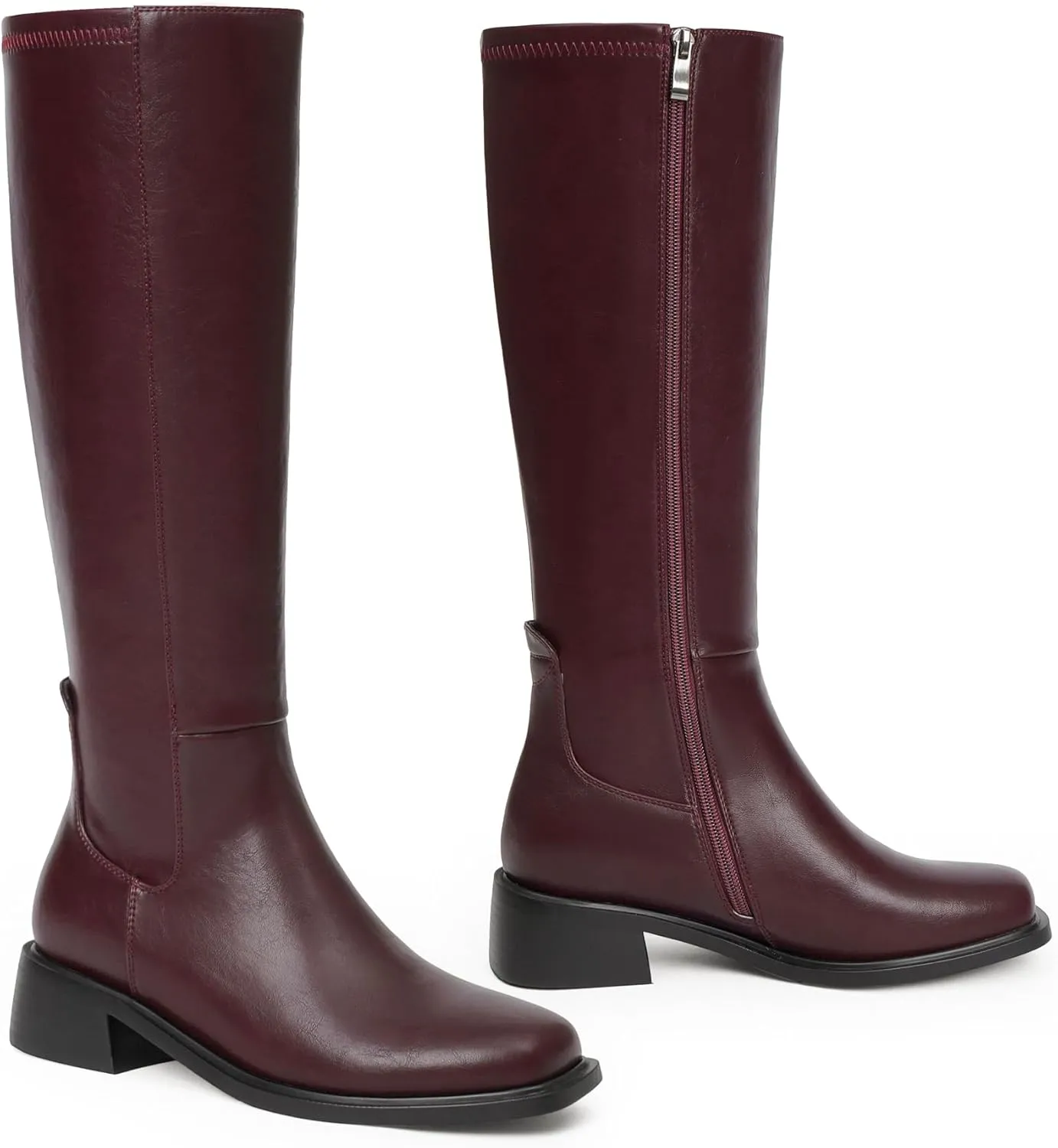 Knee High Boots Women Faux Leather Elastic Boots Low Heel Square Toe Side Zipper Fall Long Tall Boots for Women