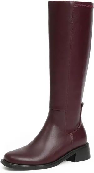 Knee High Boots Women Faux Leather Elastic Boots Low Heel Square Toe Side Zipper Fall Long Tall Boots for Women