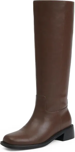 Knee High Boots Women Faux Leather Slip on Boots Low Heel Square Toe Fall Long Tall Boots for Women