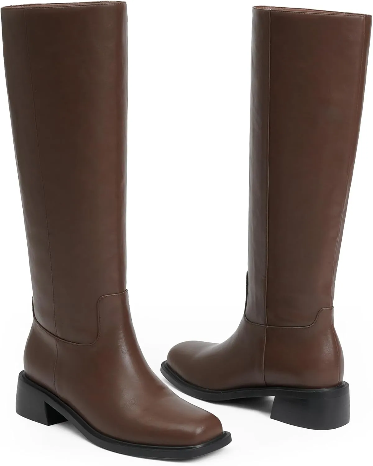 Knee High Boots Women Faux Leather Slip on Boots Low Heel Square Toe Fall Long Tall Boots for Women