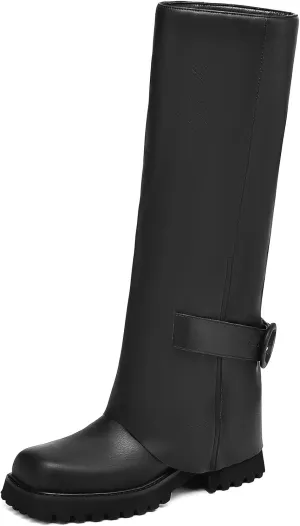 Knee High Boots Women Platform Knee High Boots for Women Square Toe Fold Over Dress Long Tall Boots