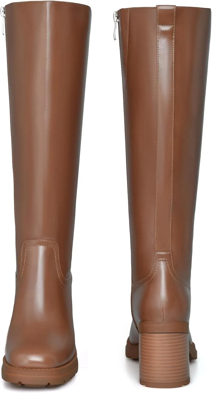 Knee High Boots Women Platform Lug Sole Knee Boots Square Toe Stacked Chunky Heels Long Fall Boots with Zippers