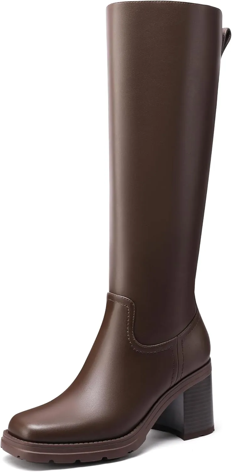 Knee High Boots Women Platform Lug Sole Knee Boots Square Toe Stacked Chunky Heels Long Fall Boots with Zippers