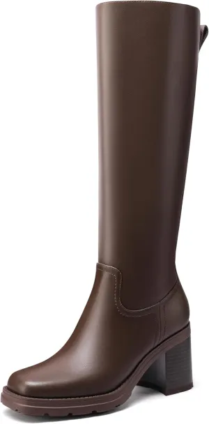 Knee High Boots Women Platform Lug Sole Knee Boots Square Toe Stacked Chunky Heels Long Fall Boots with Zippers