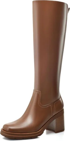 Knee High Boots Women Platform Lug Sole Knee Boots Square Toe Stacked Chunky Heels Long Fall Boots with Zippers