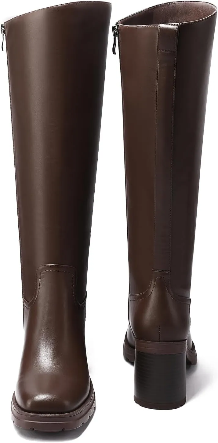 Knee High Boots Women Platform Lug Sole Knee Boots Square Toe Stacked Chunky Heels Long Fall Boots with Zippers