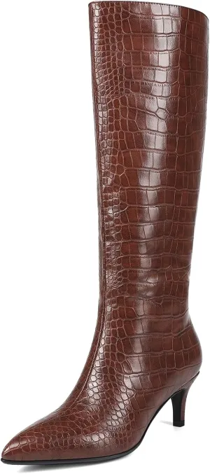 Knee High Boots Women Stiletto Heel Pointed Toe Tall Boot for Women Faux Crocodile Boots Side Zipper Fashion Long Boots