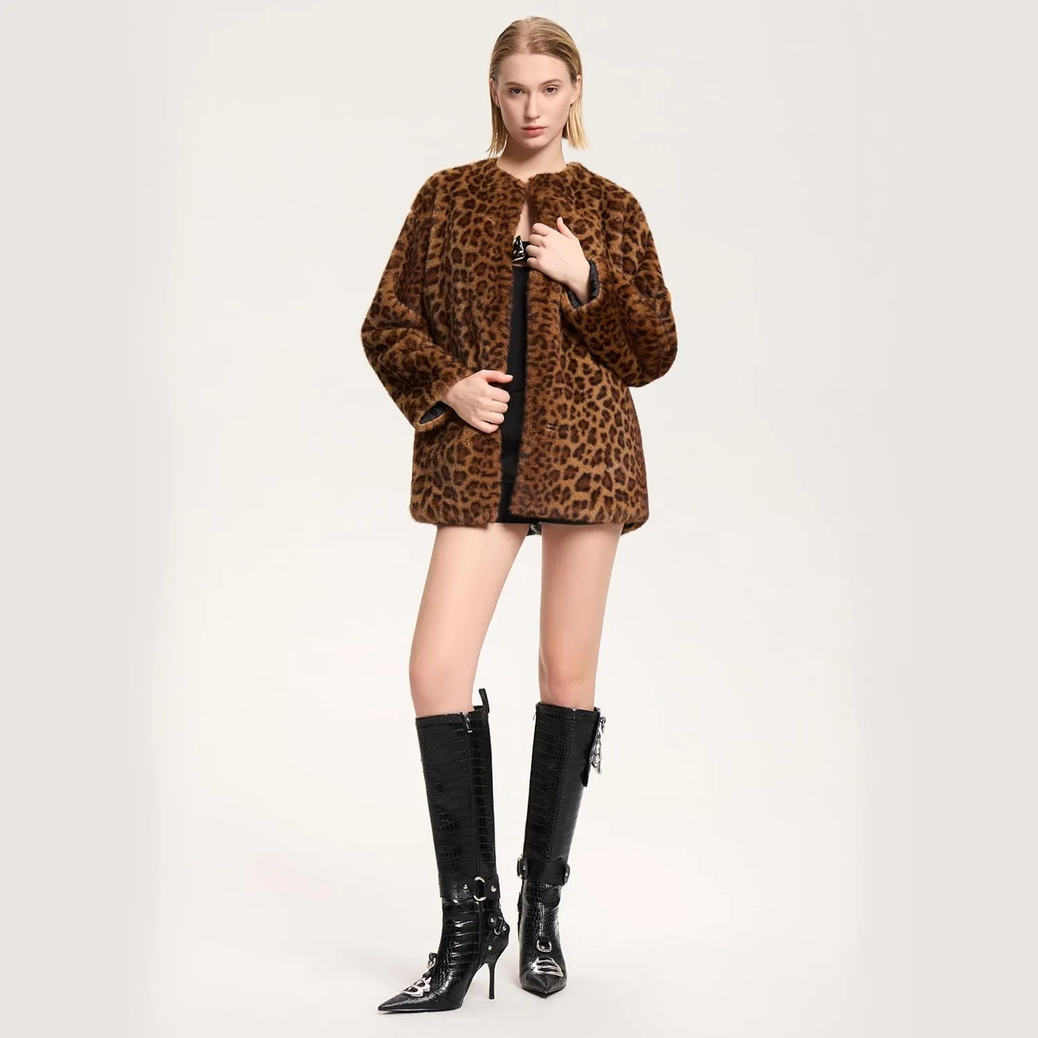 Knee High Crocodile Boots for Women Pointed Toe Slim Calf Sexy Stiletto High Heel Long Tall Boots with Slide Zipper Buckle Rivets
