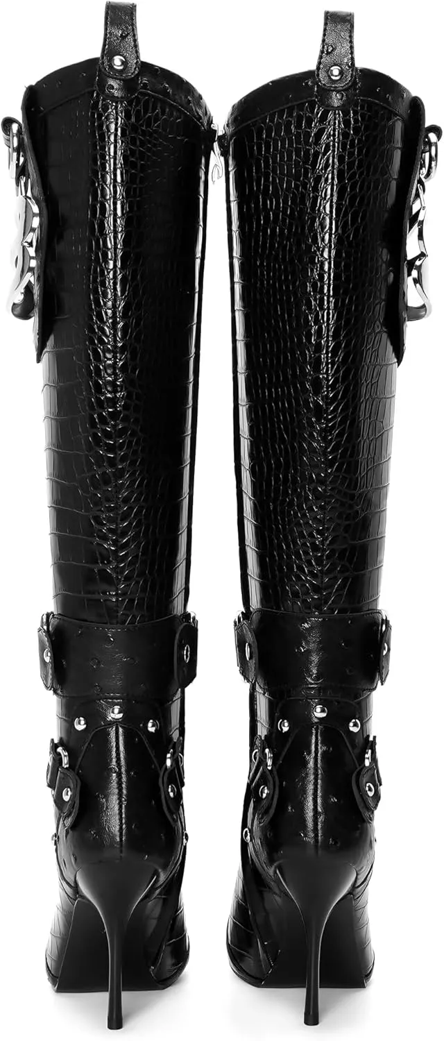 Knee High Crocodile Boots for Women Pointed Toe Slim Calf Sexy Stiletto High Heel Long Tall Boots with Slide Zipper Buckle Rivets