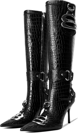 Knee High Crocodile Boots for Women Pointed Toe Slim Calf Sexy Stiletto High Heel Long Tall Boots with Slide Zipper Buckle Rivets