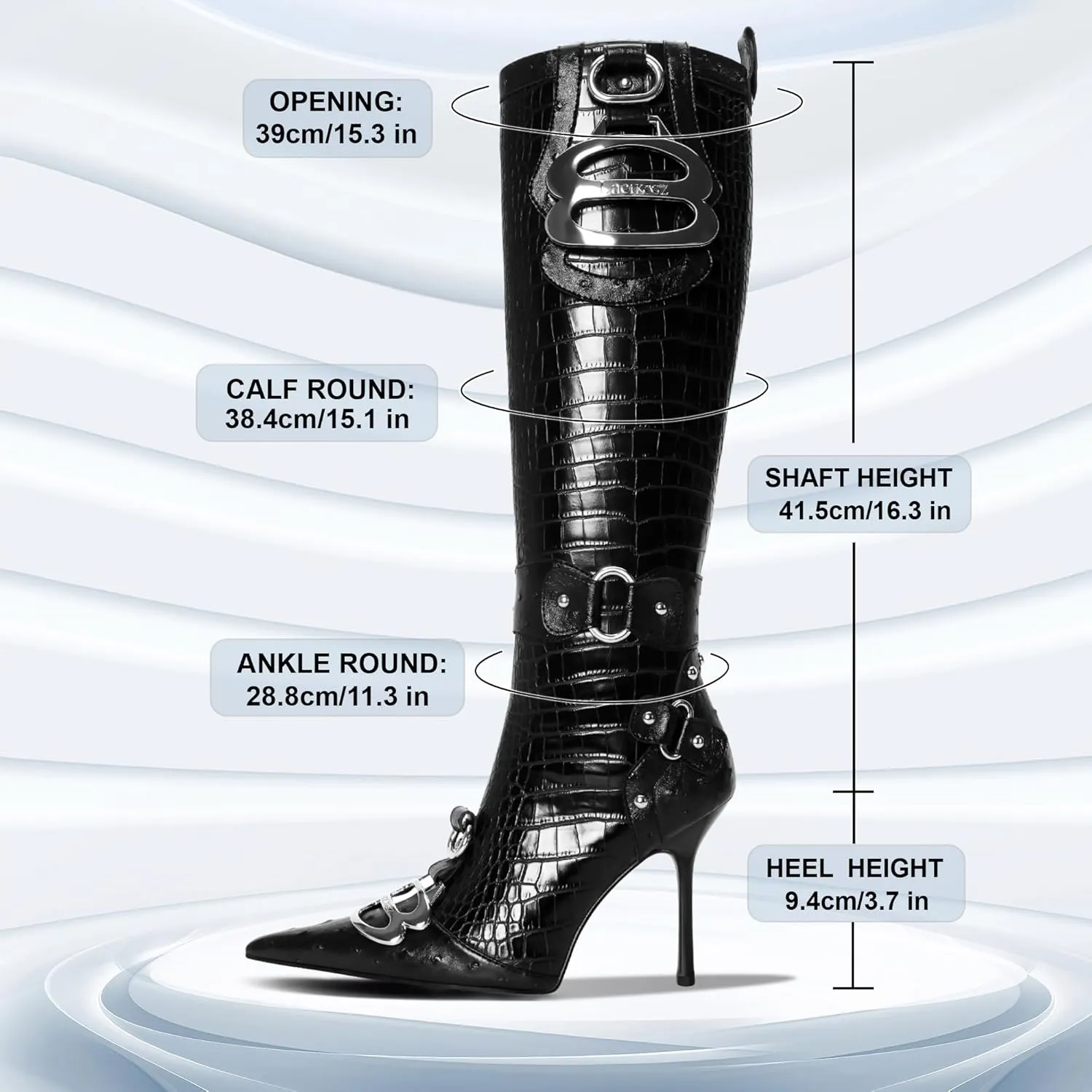 Knee High Crocodile Boots for Women Pointed Toe Slim Calf Sexy Stiletto High Heel Long Tall Boots with Slide Zipper Buckle Rivets