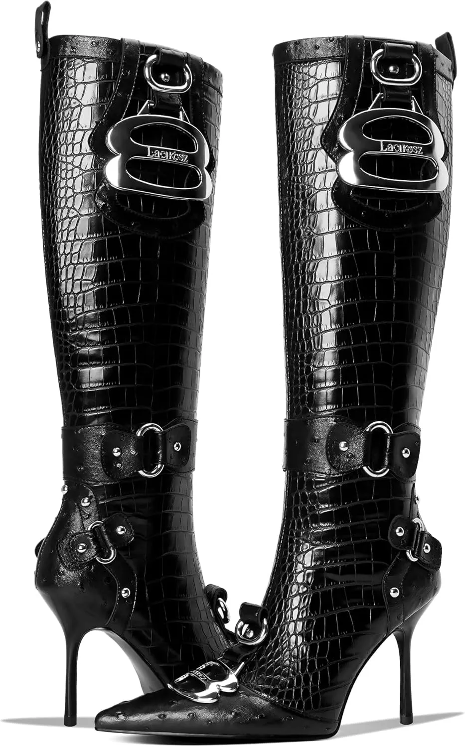 Knee High Crocodile Boots for Women Pointed Toe Slim Calf Sexy Stiletto High Heel Long Tall Boots with Slide Zipper Buckle Rivets