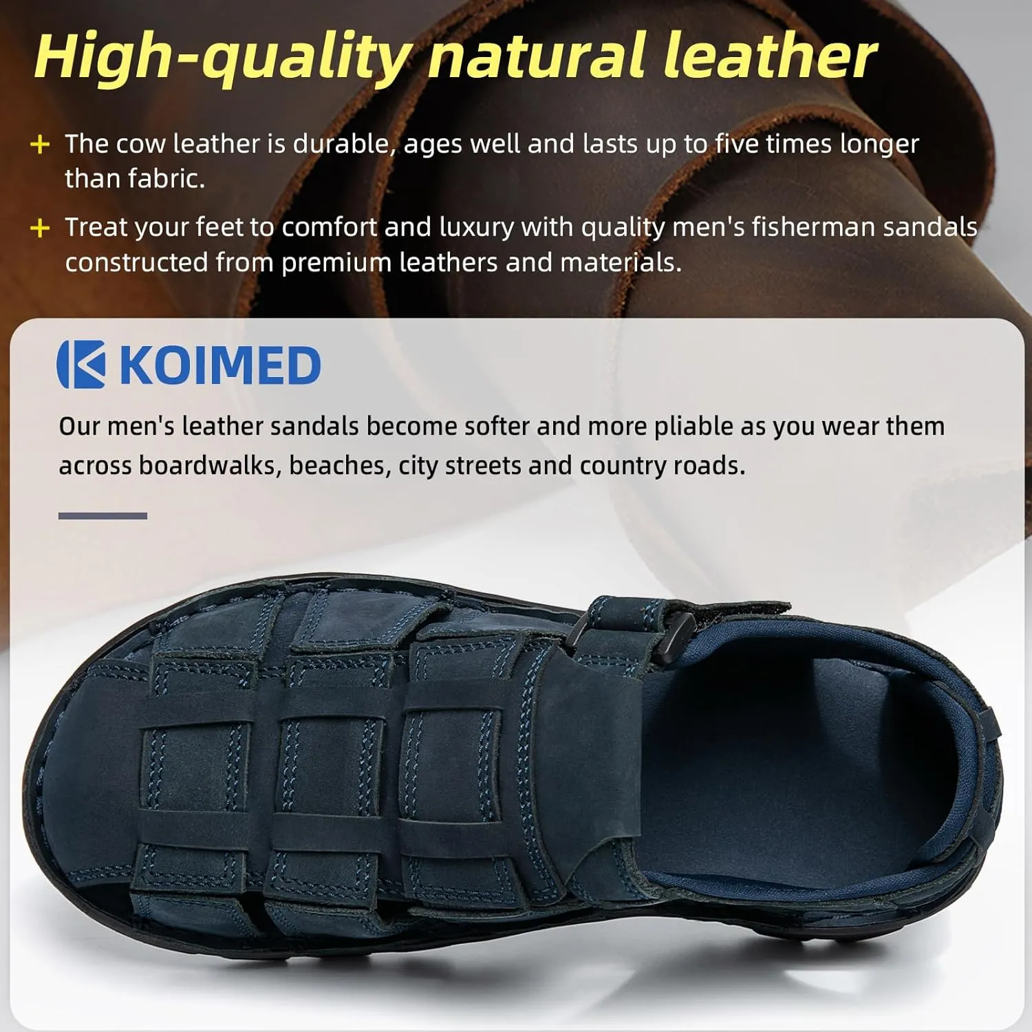 KOIMED Men's Hiking Leather Sandals Closed Toe Water Shoes For Summer Athletic Outdoor Walking Sports Trail River Fishing Wide Adjustable Waterproof Arch Support