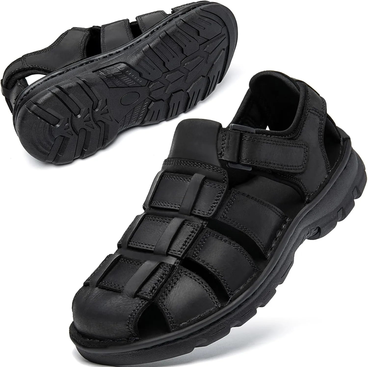 KOIMED Men's Hiking Leather Sandals Closed Toe Water Shoes For Summer Athletic Outdoor Walking Sports Trail River Fishing Wide Adjustable Waterproof Arch Support