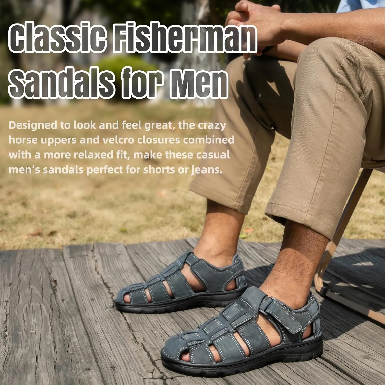 KOIMED Men's Hiking Leather Sandals Closed Toe Water Shoes For Summer Athletic Outdoor Walking Sports Trail River Fishing Wide Adjustable Waterproof Arch Support