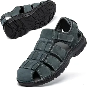 KOIMED Men's Hiking Leather Sandals Closed Toe Water Shoes For Summer Athletic Outdoor Walking Sports Trail River Fishing Wide Adjustable Waterproof Arch Support