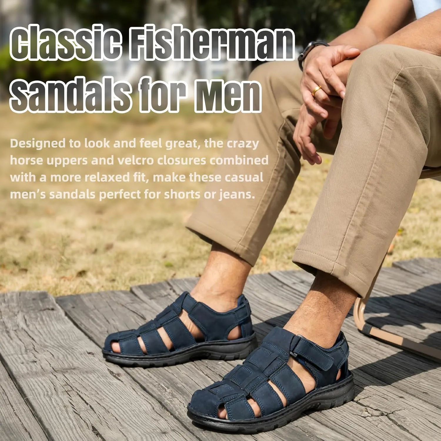 KOIMED Men's Hiking Leather Sandals Closed Toe Water Shoes For Summer Athletic Outdoor Walking Sports Trail River Fishing Wide Adjustable Waterproof Arch Support