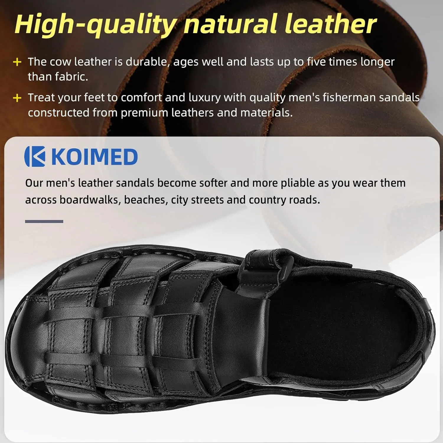 KOIMED Men's Hiking Leather Sandals Closed Toe Water Shoes For Summer Athletic Outdoor Walking Sports Trail River Fishing Wide Adjustable Waterproof Arch Support