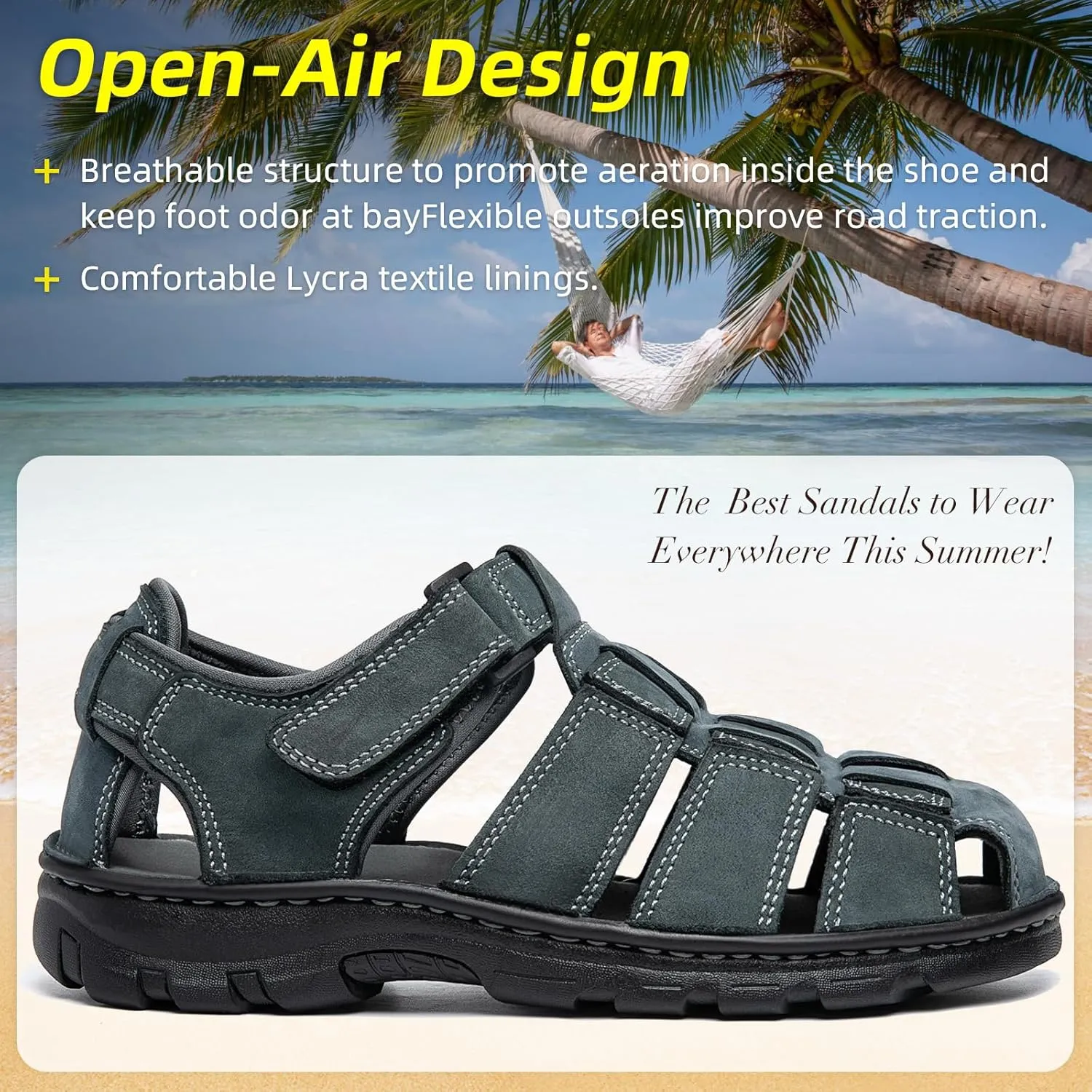 KOIMED Men's Hiking Leather Sandals Closed Toe Water Shoes For Summer Athletic Outdoor Walking Sports Trail River Fishing Wide Adjustable Waterproof Arch Support