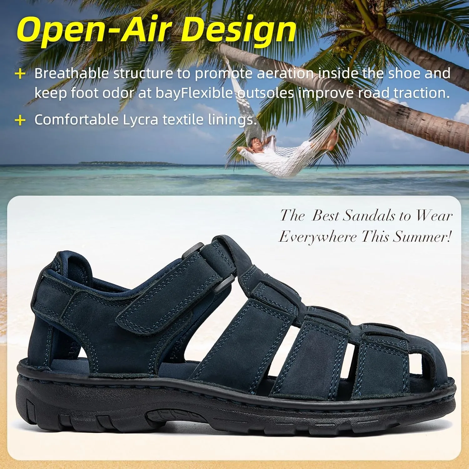KOIMED Men's Hiking Leather Sandals Closed Toe Water Shoes For Summer Athletic Outdoor Walking Sports Trail River Fishing Wide Adjustable Waterproof Arch Support