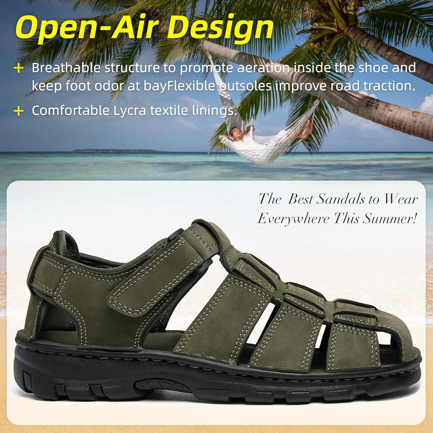 KOIMED Men's Hiking Leather Sandals Closed Toe Water Shoes For Summer Athletic Outdoor Walking Sports Trail River Fishing Wide Adjustable Waterproof Arch Support