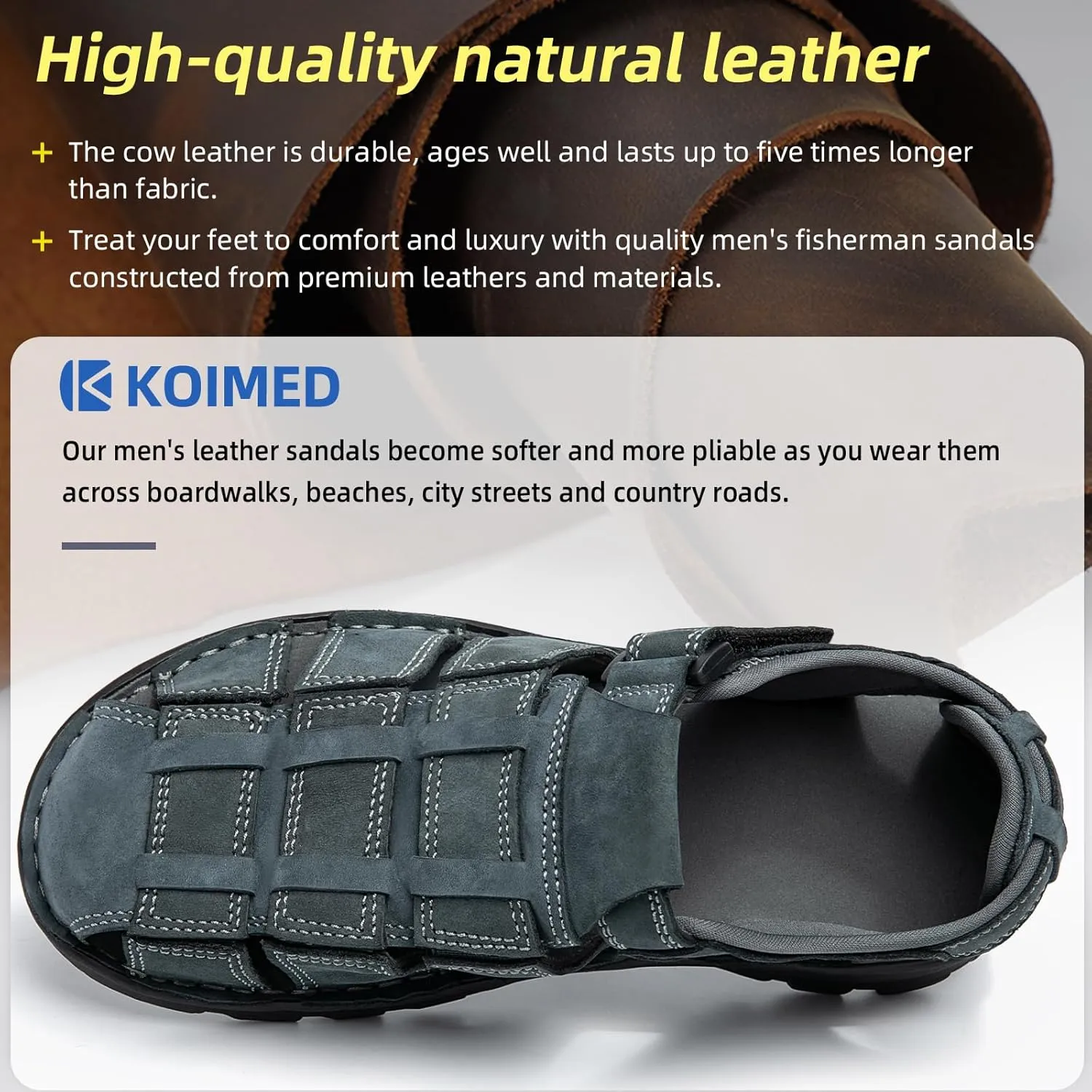 KOIMED Men's Hiking Leather Sandals Closed Toe Water Shoes For Summer Athletic Outdoor Walking Sports Trail River Fishing Wide Adjustable Waterproof Arch Support