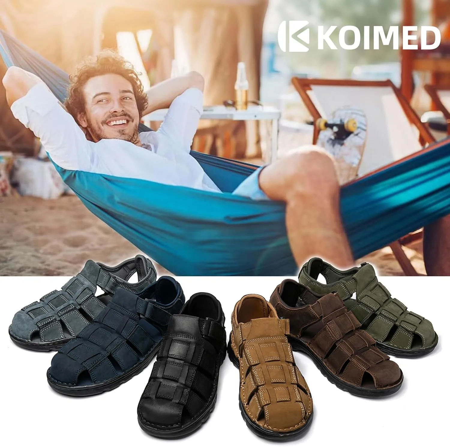 KOIMED Men's Hiking Leather Sandals Closed Toe Water Shoes For Summer Athletic Outdoor Walking Sports Trail River Fishing Wide Adjustable Waterproof Arch Support