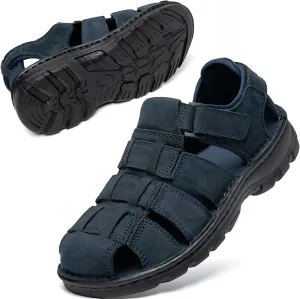 KOIMED Men's Hiking Leather Sandals Closed Toe Water Shoes For Summer Athletic Outdoor Walking Sports Trail River Fishing Wide Adjustable Waterproof Arch Support