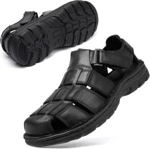 KOIMED Men's Hiking Leather Sandals Closed Toe Water Shoes For Summer Athletic Outdoor Walking Sports Trail River Fishing Wide Adjustable Waterproof Arch Support