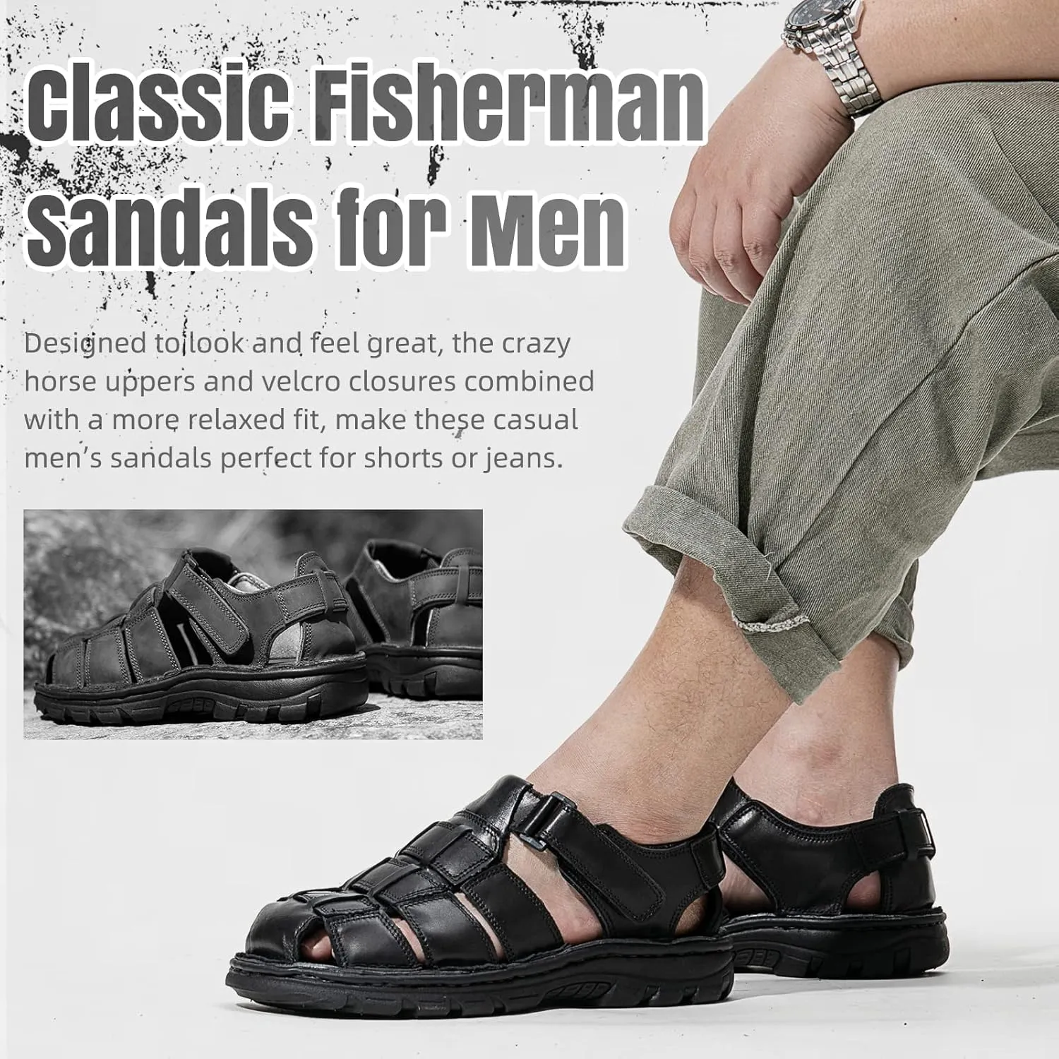 KOIMED Men's Hiking Leather Sandals Closed Toe Water Shoes For Summer Athletic Outdoor Walking Sports Trail River Fishing Wide Adjustable Waterproof Arch Support