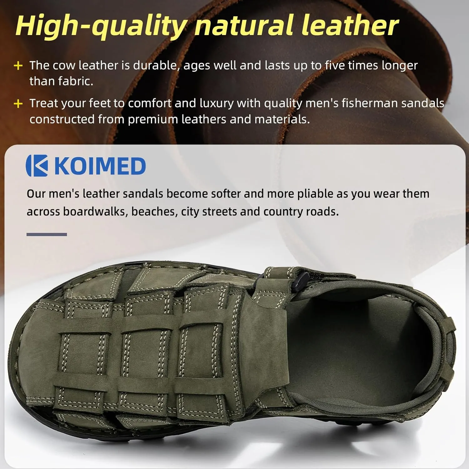 KOIMED Men's Hiking Leather Sandals Closed Toe Water Shoes For Summer Athletic Outdoor Walking Sports Trail River Fishing Wide Adjustable Waterproof Arch Support