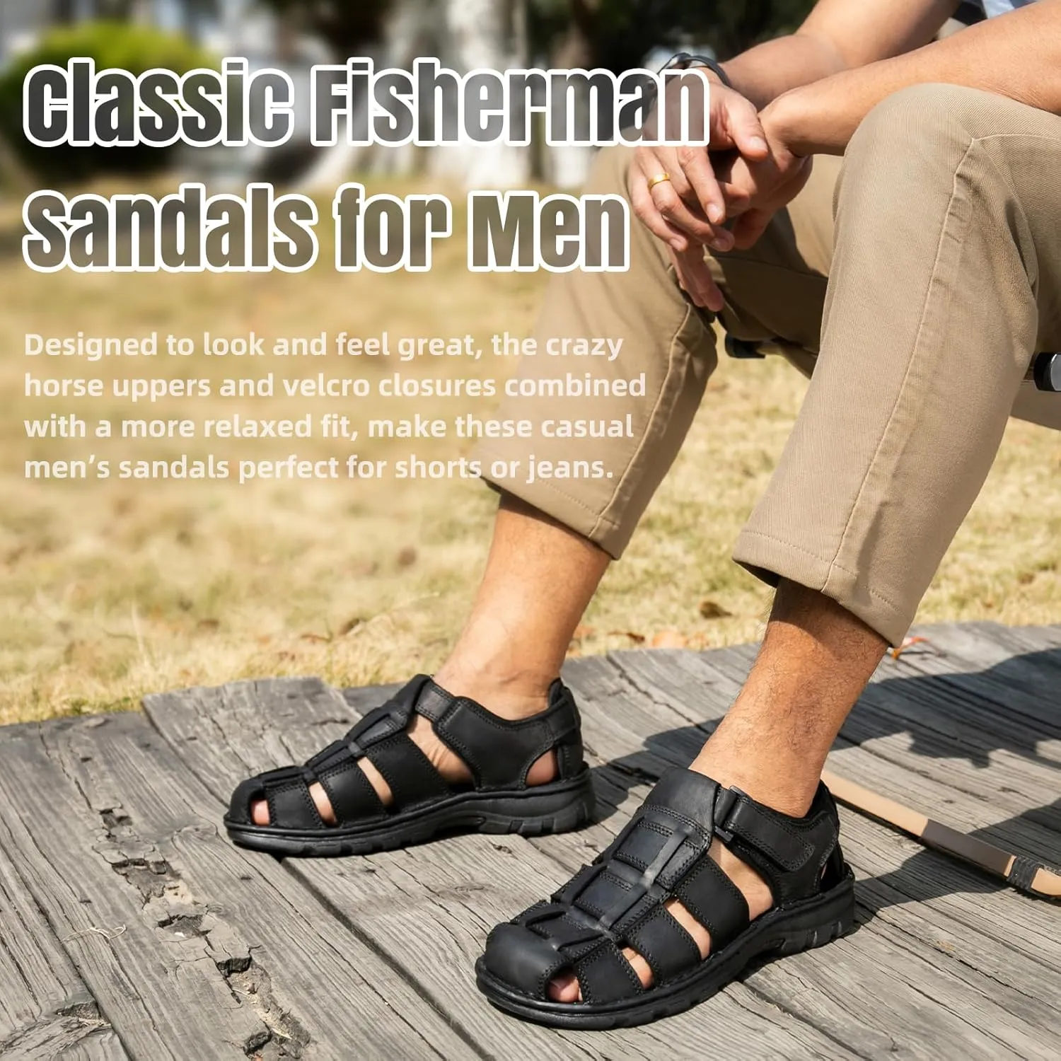 KOIMED Men's Hiking Leather Sandals Closed Toe Water Shoes For Summer Athletic Outdoor Walking Sports Trail River Fishing Wide Adjustable Waterproof Arch Support