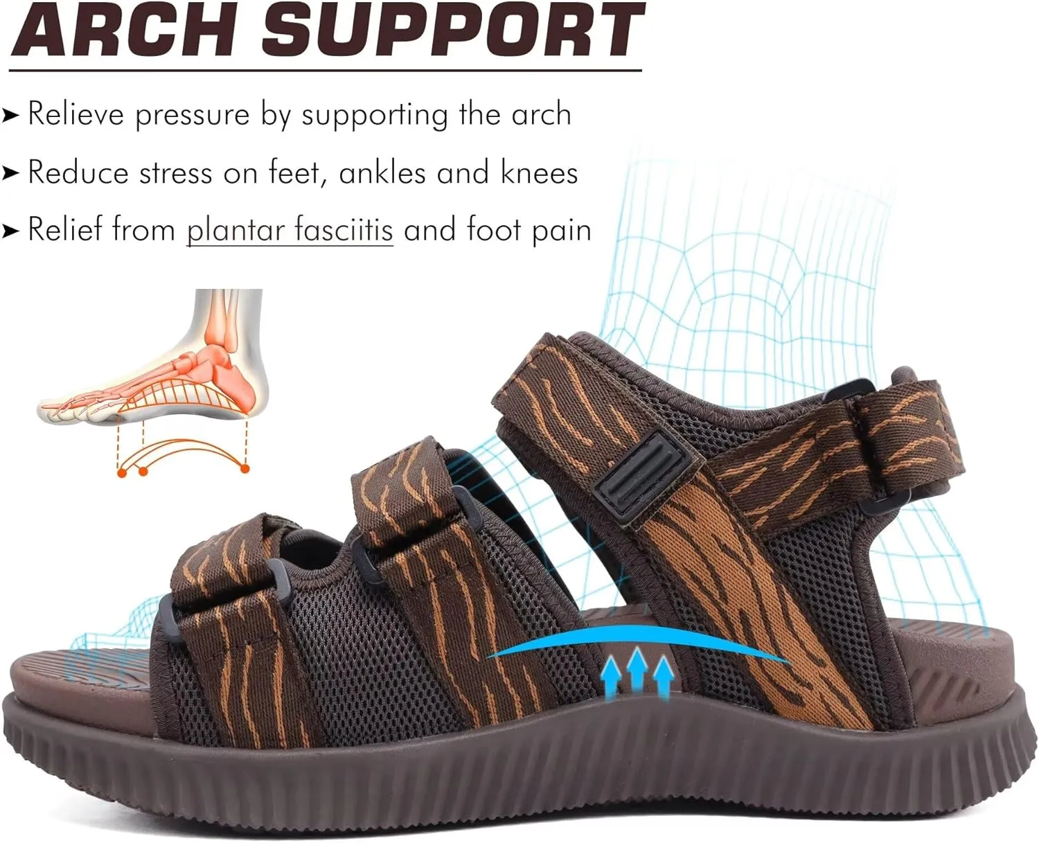KuaiLu Mens Hiking Sandals with Arch Support Orthopedic Walking Recovery Sandals for Plantar Fasciitis Open Toe Summer Athletic Sport Comfortable Cushion Breathable Outdoor Water Sandals Size7-13