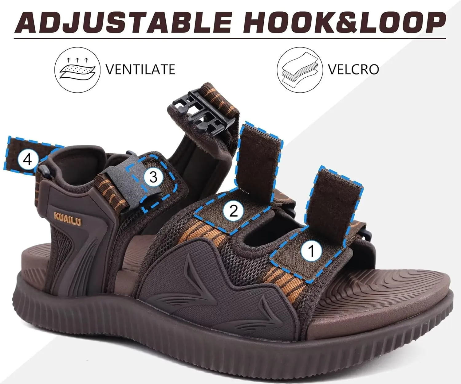 KuaiLu Mens Hiking Sandals with Arch Support Orthopedic Walking Recovery Sandals for Plantar Fasciitis Open Toe Summer Athletic Sport Comfortable Cushion Breathable Outdoor Water Sandals Size7-13