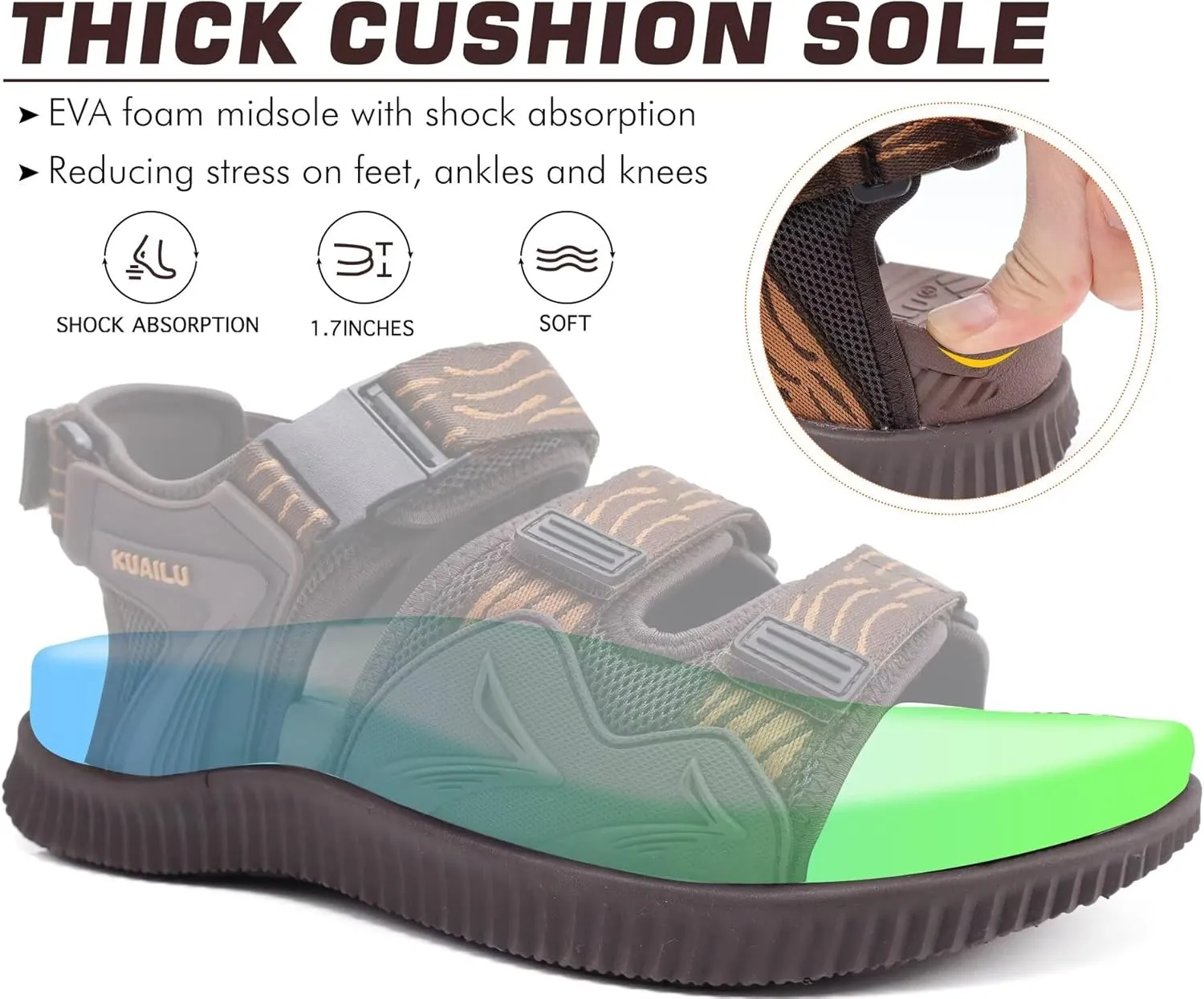 KuaiLu Mens Hiking Sandals with Arch Support Orthopedic Walking Recovery Sandals for Plantar Fasciitis Open Toe Summer Athletic Sport Comfortable Cushion Breathable Outdoor Water Sandals Size7-13