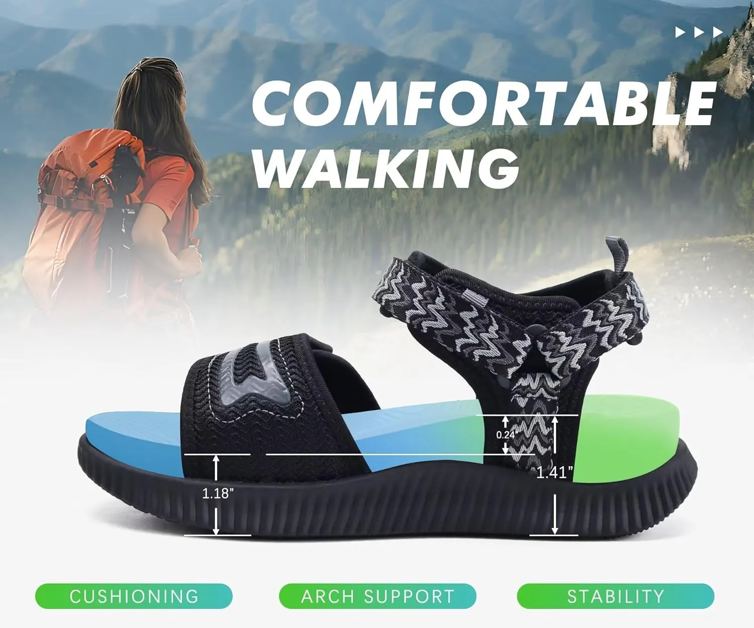 KuaiLu Womens Orthopedic Walking Sandals Ladies Recovery Sport Thick Athletic Cushion Outdoor Hiking Water Sandles Adjustable Strap Sandals with Comfortable Plantar Fasciitis Arch Support