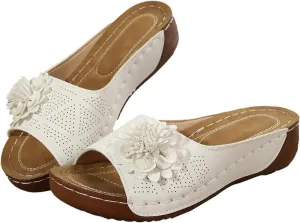 Kubbon Flowers Orthopedic Sandals for Women Arch Supprot Casual Wedge Open Toe Sandals Non Slip Boho Slippers Lightweight Soft Leather Slippers
