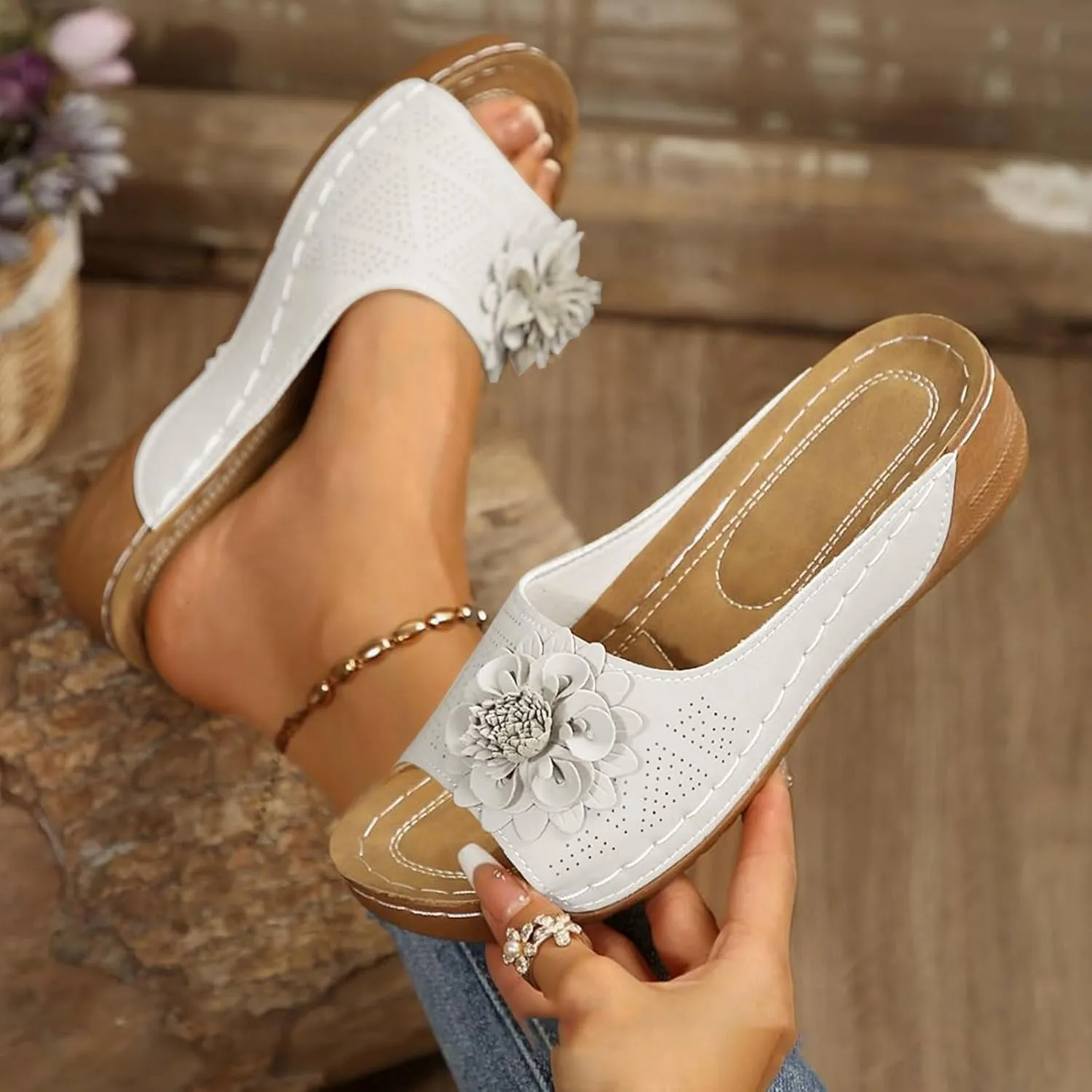 Kubbon Flowers Orthopedic Sandals for Women Arch Supprot Casual Wedge Open Toe Sandals Non Slip Boho Slippers Lightweight Soft Leather Slippers