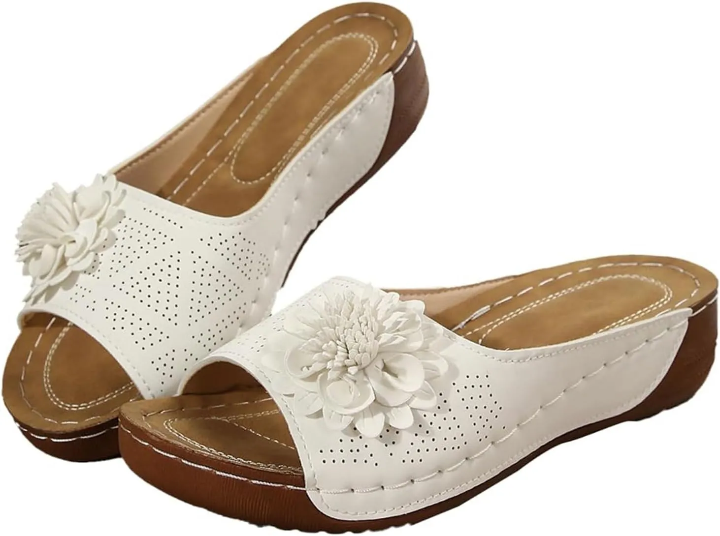 Kubbon Flowers Orthopedic Sandals for Women Arch Supprot Casual Wedge Open Toe Sandals Non Slip Boho Slippers Lightweight Soft Leather Slippers