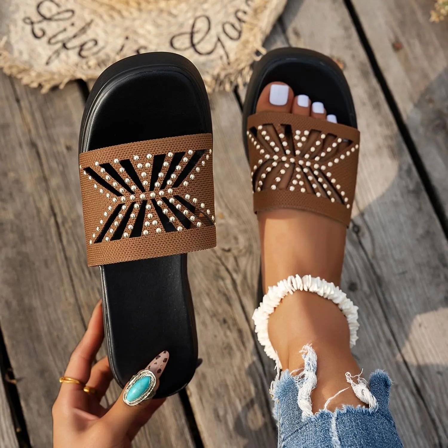 Kubbon Slip On Wedge Sandals for Women Platform Slides Sandals Open Toe Summer Beach Sandal Backless Slippers with Arch Support Walking Shoes