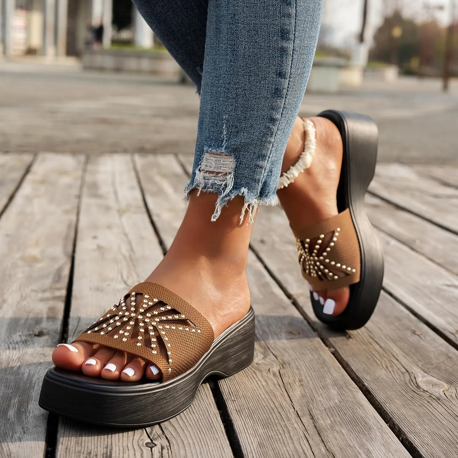 Kubbon Slip On Wedge Sandals for Women Platform Slides Sandals Open Toe Summer Beach Sandal Backless Slippers with Arch Support Walking Shoes
