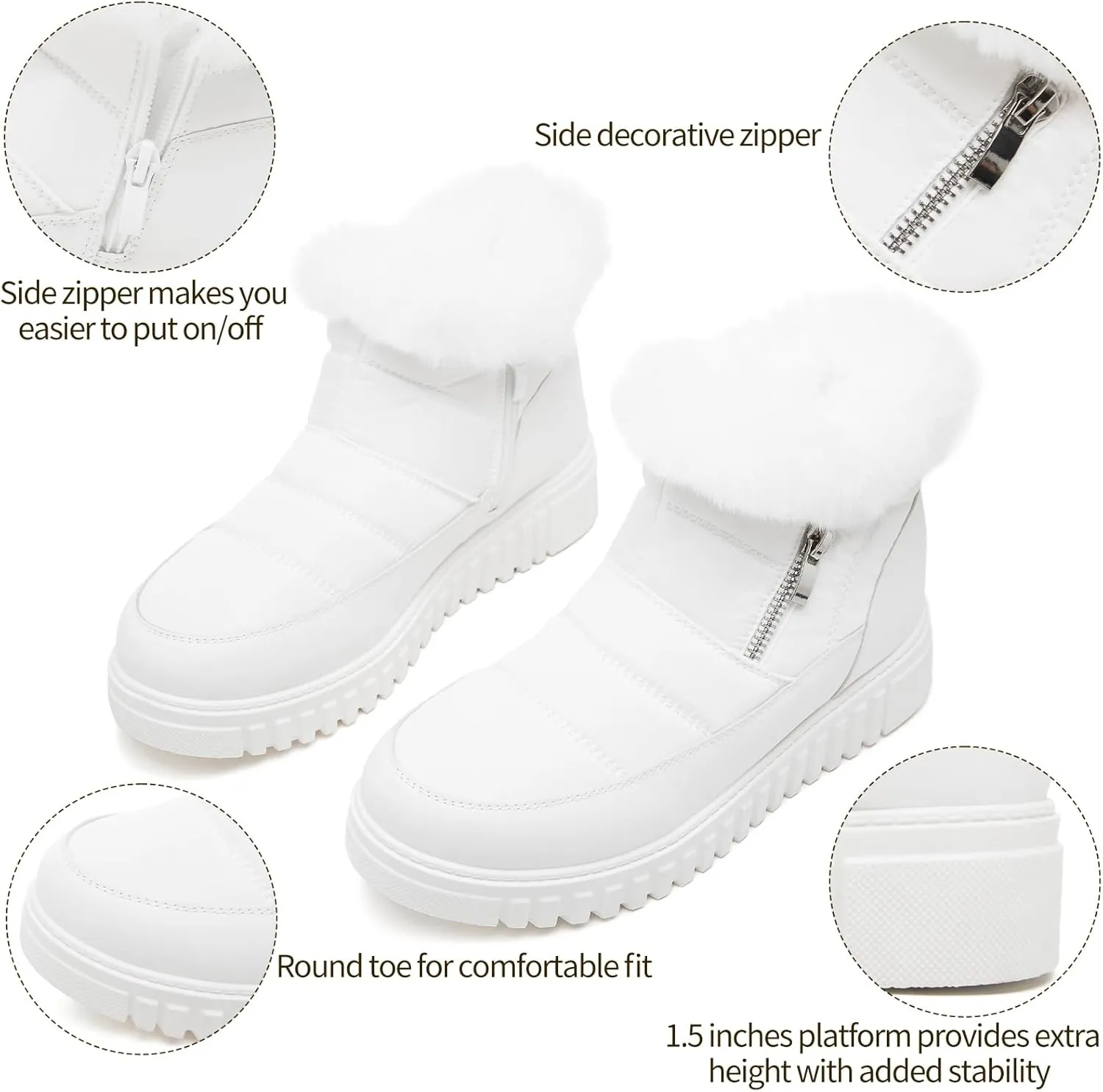 kufeiti Women's Waterproof Fall Winter Snow Boots Platform Fur Lined Ankle Boots for Women with Side Zipper Non Slip Outdoor Work Boots