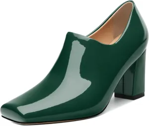 KUOARN Chunky Heels for Women Block High Heel Patent Square Toe 3 Inch Pumps Shoes Side Zipper Casual Fashion Work Party Mules