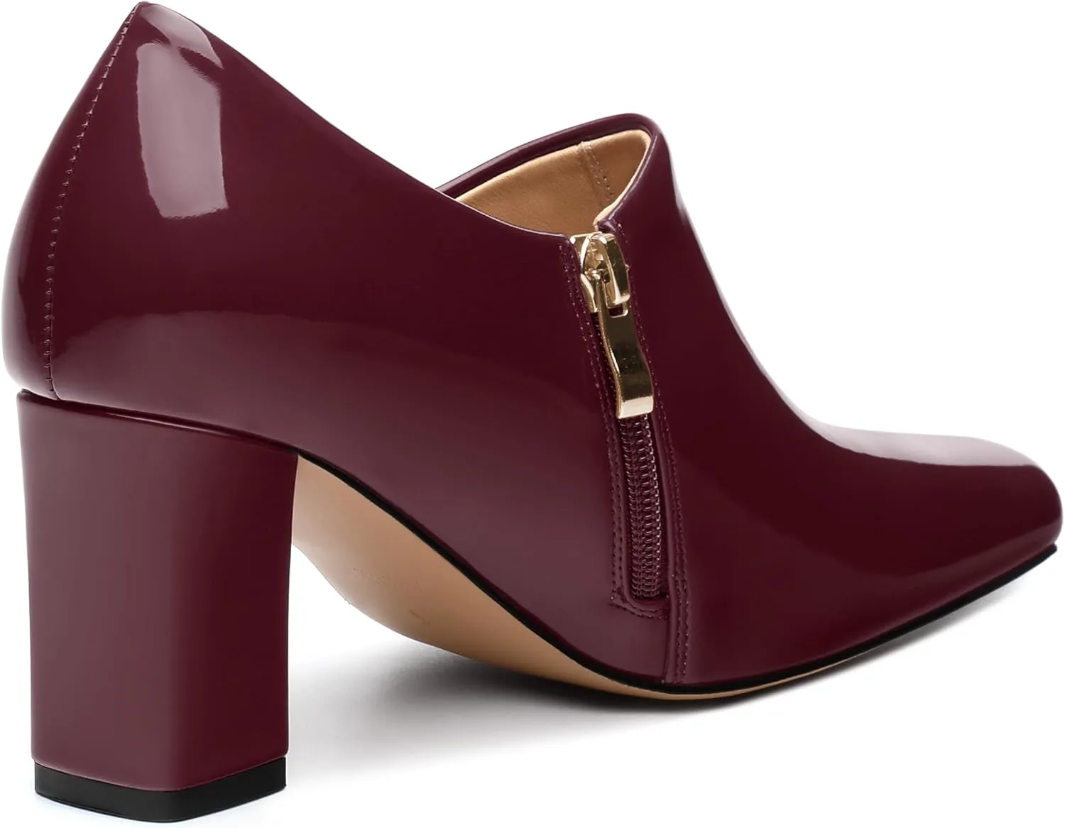 KUOARN Chunky Heels for Women Block High Heel Patent Square Toe 3 Inch Pumps Shoes Side Zipper Casual Fashion Work Party Mules